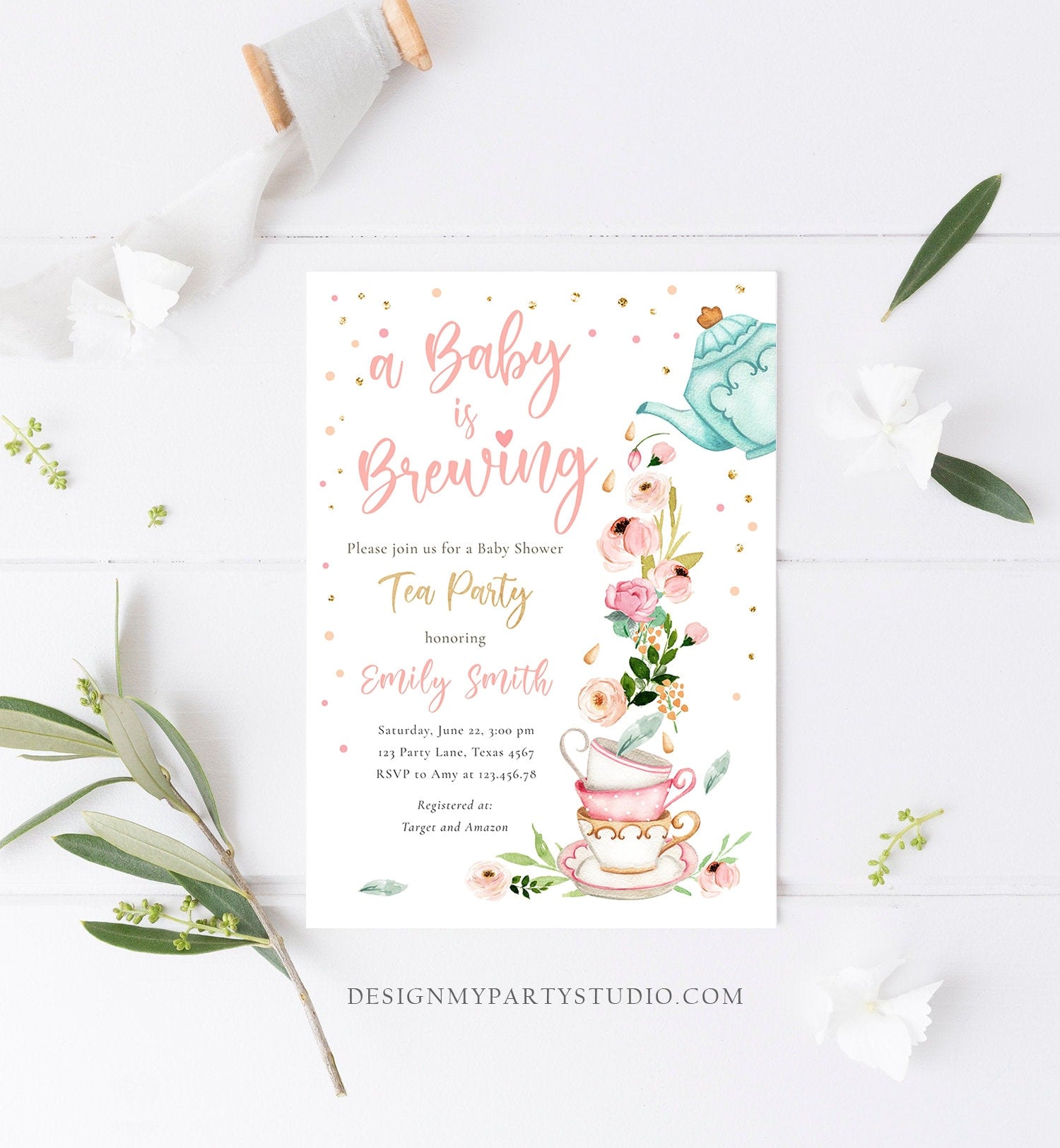 Editable Tea Party Baby Shower Invitation Tea Shower Sprinkle Floral Pink Gold Blush Brunch Bubbly Download Corjl Template Printable 0349