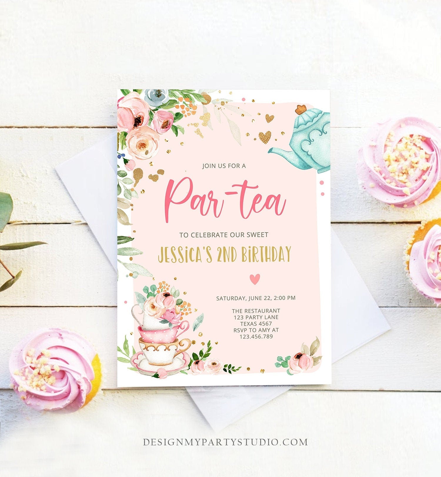 Editable Tea Party Birthday Invitation Par-Tea Birthday Invite Pink and Gold Floral Whimsical Download Printable Template Corjl Digital 0349