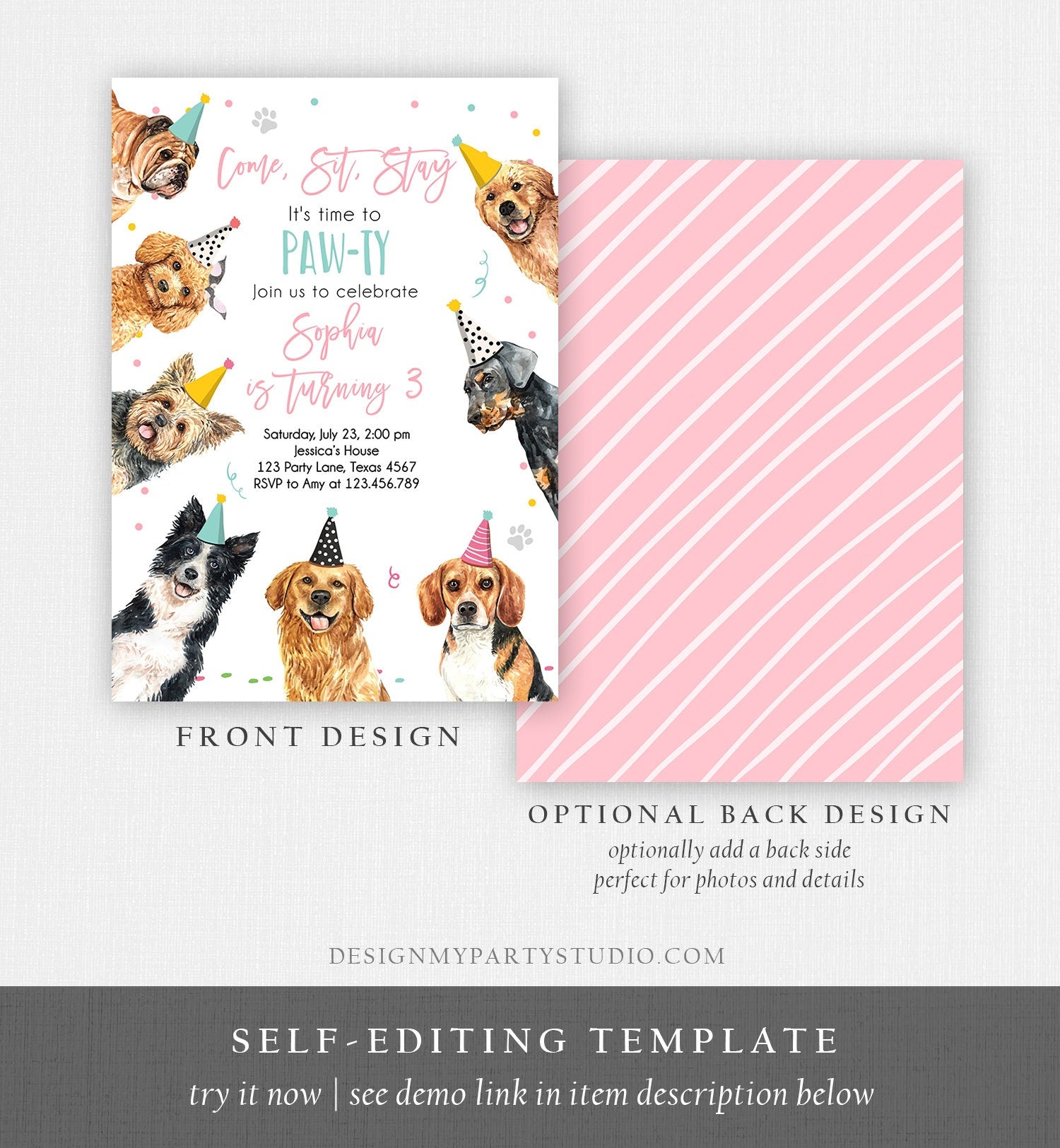 Editable Dog Birthday Party Invitation Puppy Birthday Invite Pink Girl Doggy Shelter Animal Pet Vet Download Printable Template Corjl 0384