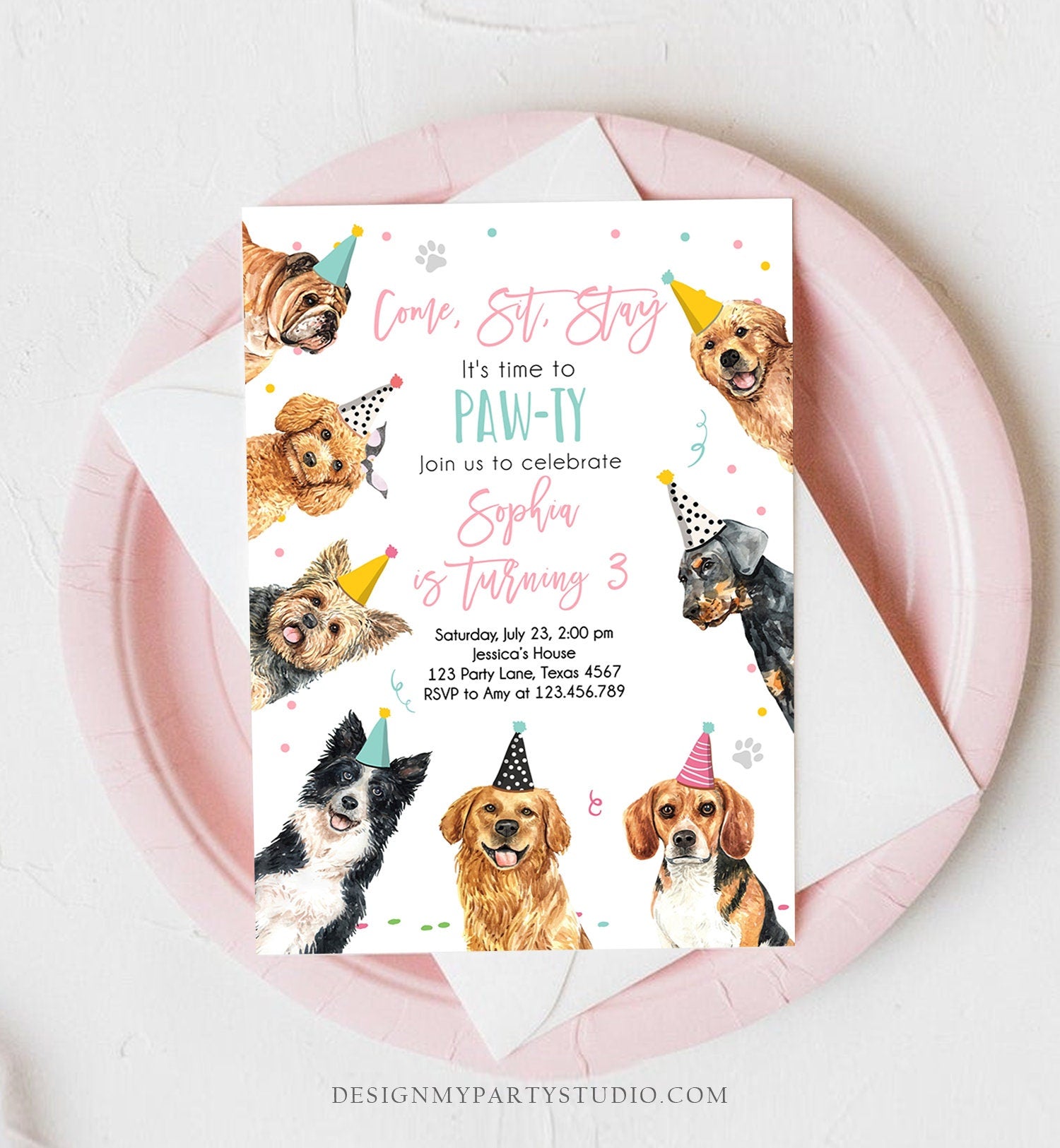 Editable Dog Birthday Party Invitation Puppy Birthday Invite Pink Girl Doggy Shelter Animal Pet Vet Download Printable Template Corjl 0384