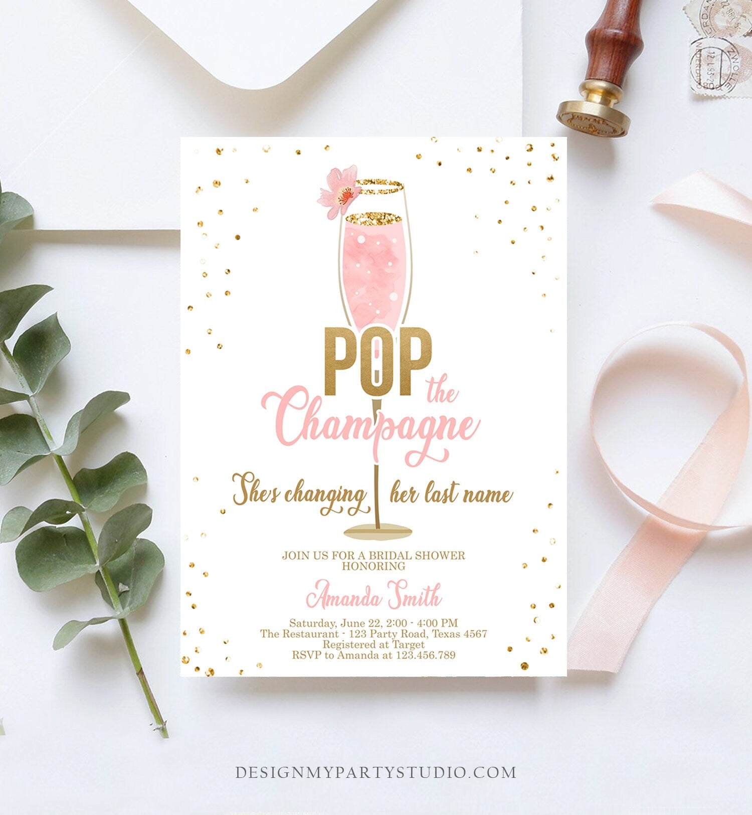 Editable Pop the Champagne Bridal Shower Invitation Shes Changing her Last Name Pink Engagement Party Download Printable Template Corjl 0150