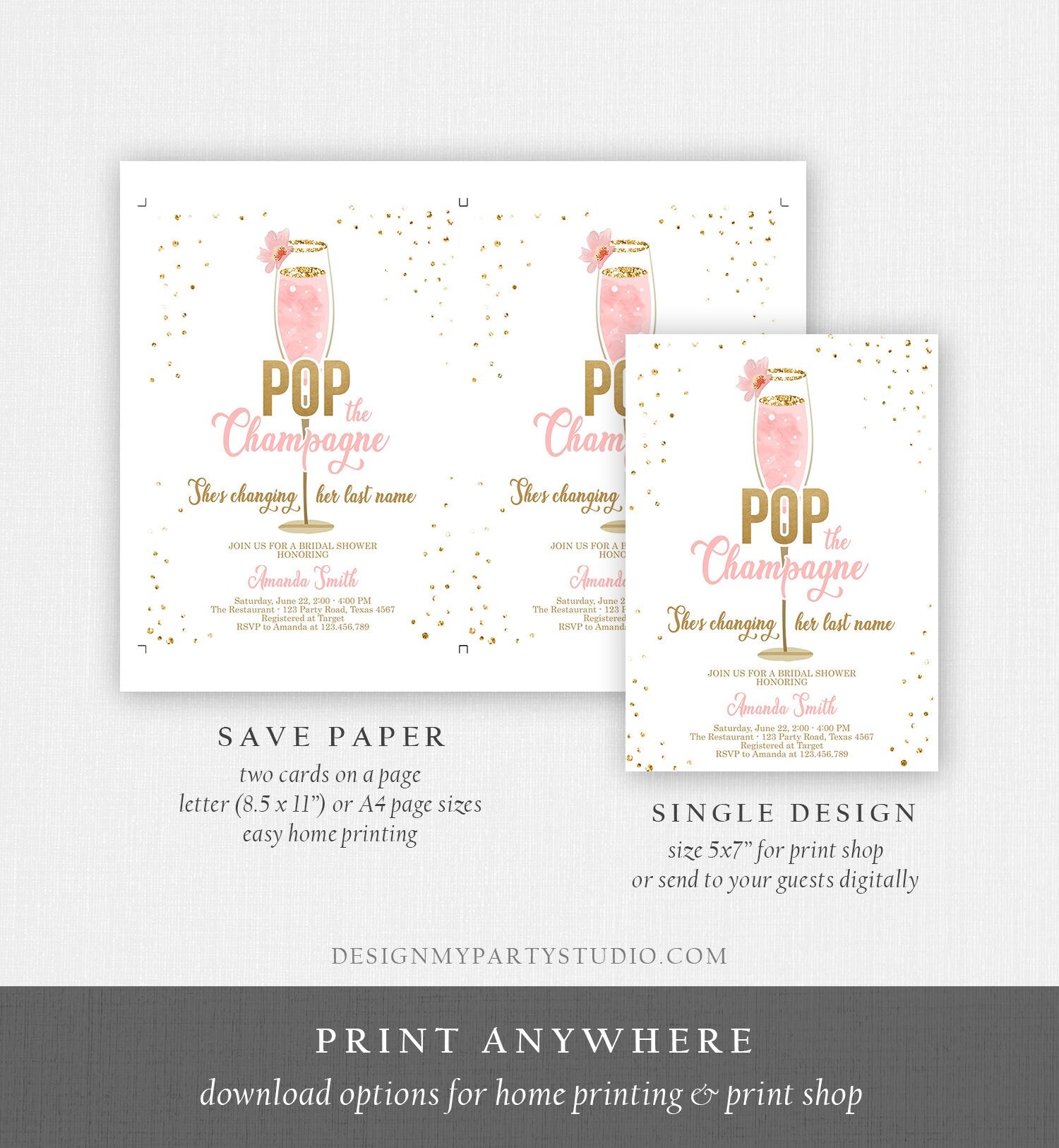 Editable Pop the Champagne Bridal Shower Invitation Shes Changing her Last Name Pink Engagement Party Download Printable Template Corjl 0150