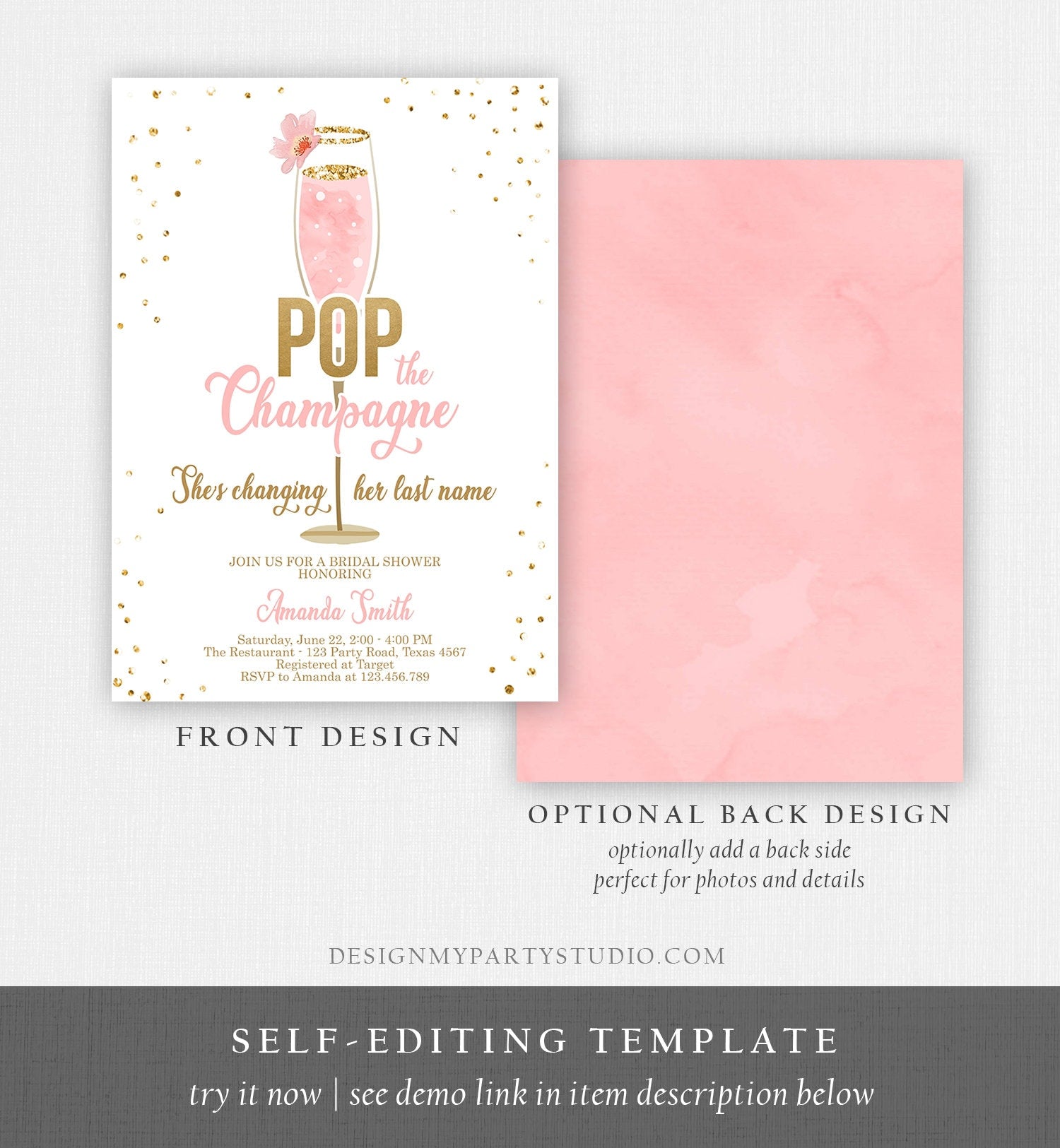 Editable Pop the Champagne Bridal Shower Invitation Shes Changing her Last Name Pink Engagement Party Download Printable Template Corjl 0150