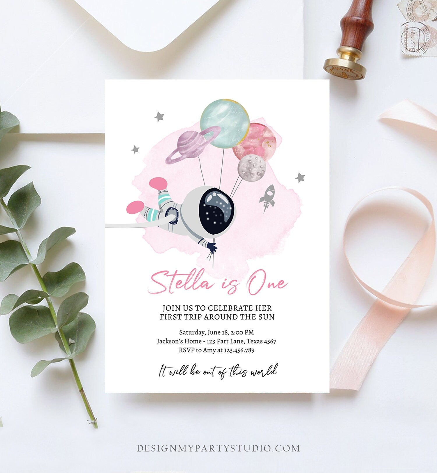 Editable Outer Space Birthday Invitation Girl Out of this World Astronaut Trip Around the Sun Digital Download Evite Template Printable 0366