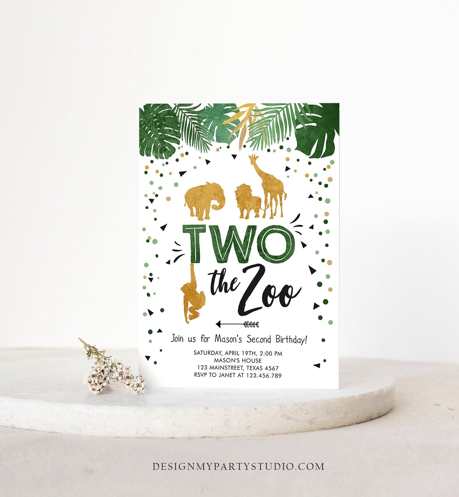 Editable Two the Zoo Birthday Invitation Safari Animals Party Jungle Boy Second Birthday 2nd Two Wild Gold Printable Corjl Template 0016