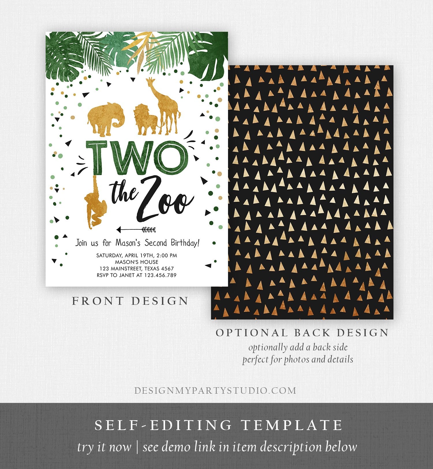 Editable Two the Zoo Birthday Invitation Safari Animals Party Jungle Boy Second Birthday 2nd Two Wild Gold Printable Corjl Template 0016