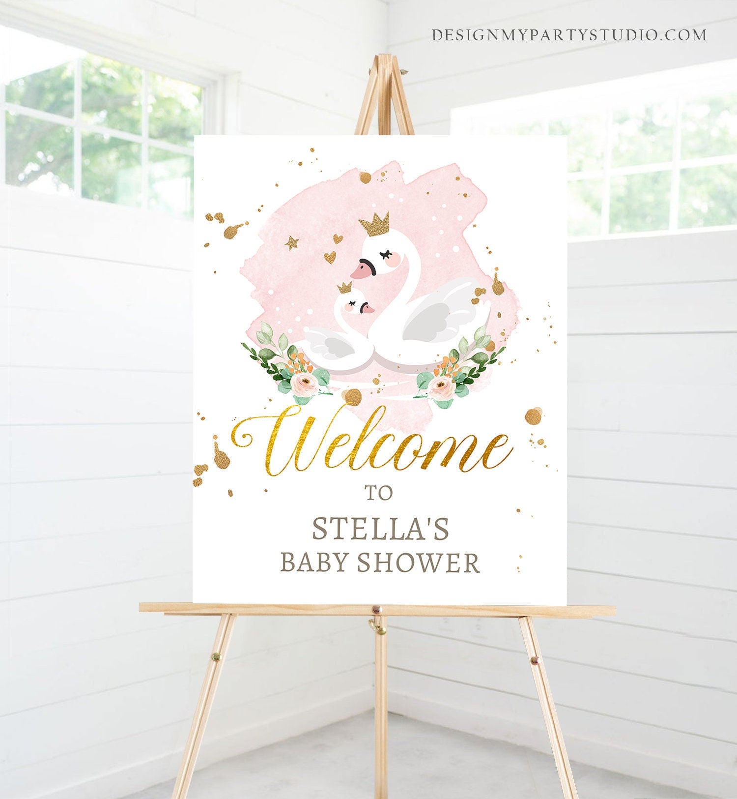 Editable Swan Baby Shower Welcome Sign Swan Welcome Princess Girl Shower Blush Pink Gold Floral Swan Decor Template Corjl PRINTABLE 0382