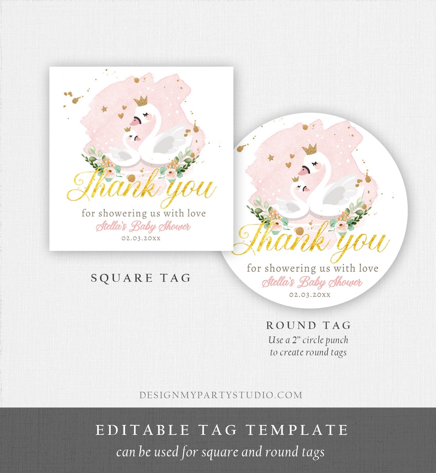 Editable Floral Swan Baby Shower Favor Tags Thank You Tags Swans Girl Pink Gold Princess Swan Stickers Decor Digital Corjl Template 0382