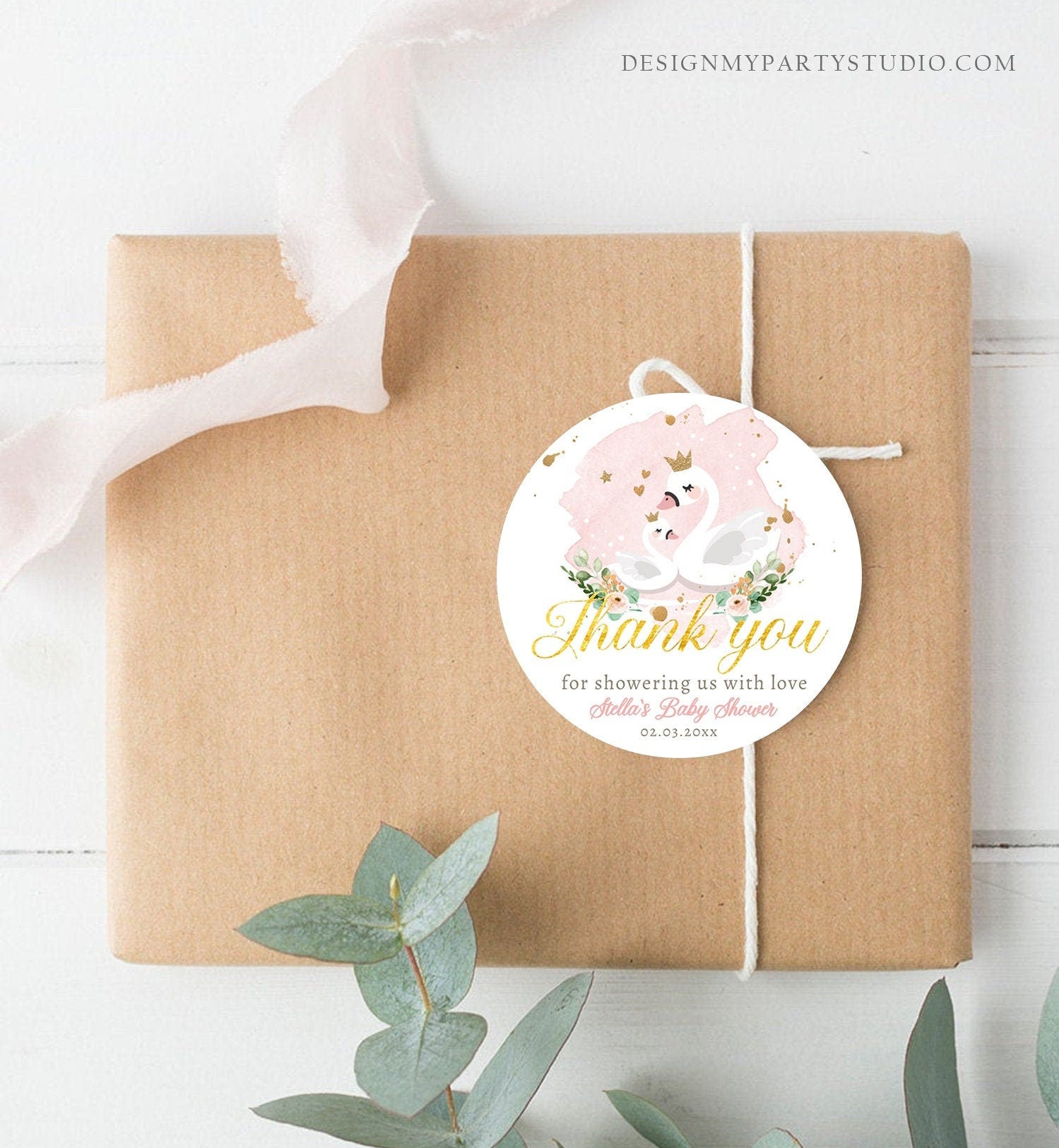 Editable Floral Swan Baby Shower Favor Tags Thank You Tags Swans Girl Pink Gold Princess Swan Stickers Decor Digital Corjl Template 0382