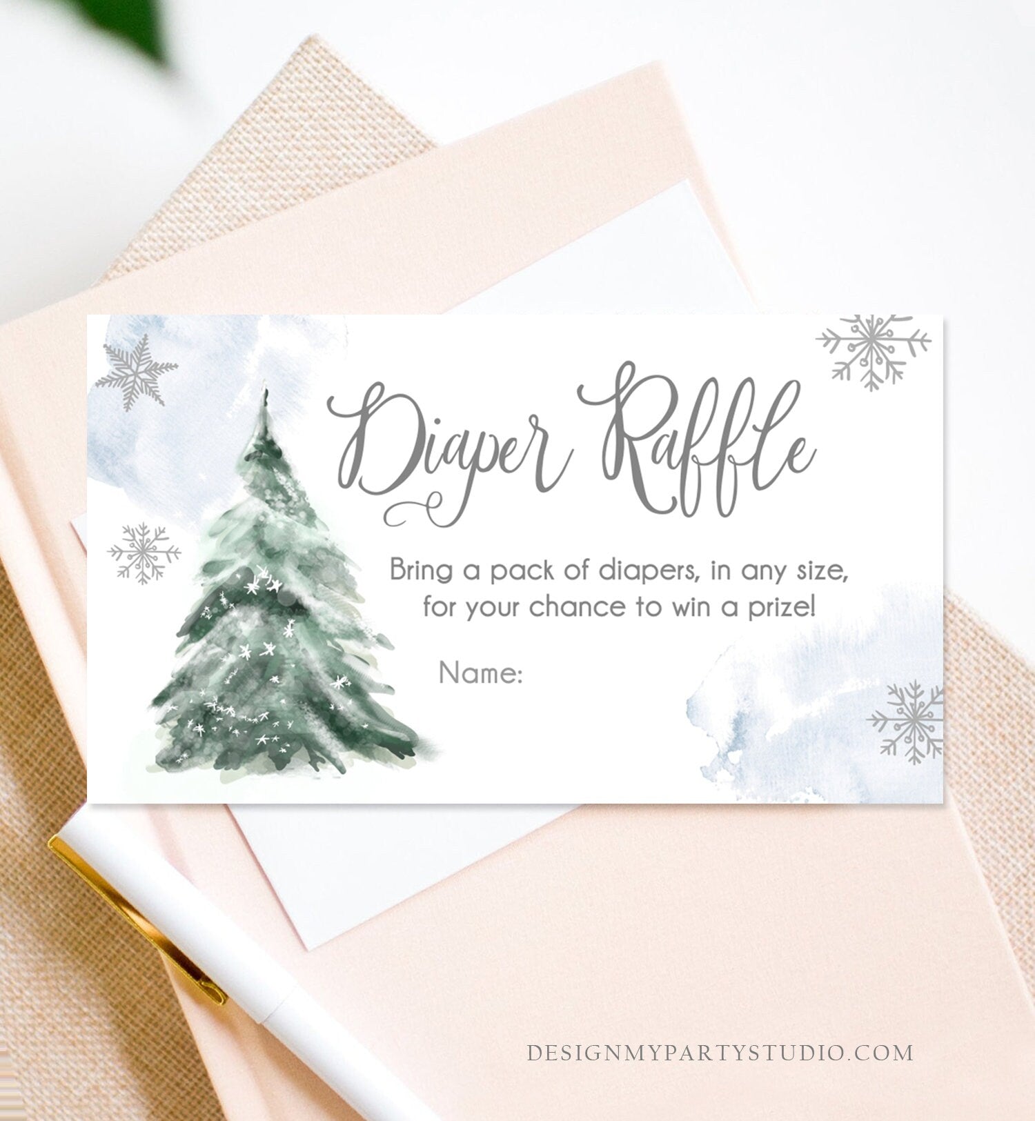 Editable Winter Tree Diaper Raffle Tickets Baby Shower Grey Blue Boy Watercolor Christmas Game Sprinkle Corjl Template Printable 0363