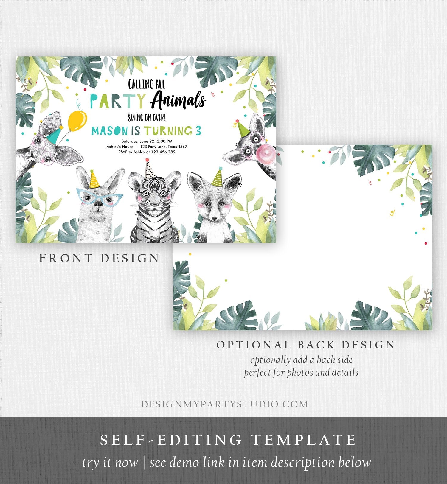 Editable Party Animals Birthday Invitation Exotic Wild Animals Invitation Zoo Safari Animals Boy Download Printable Template Corjl 0322