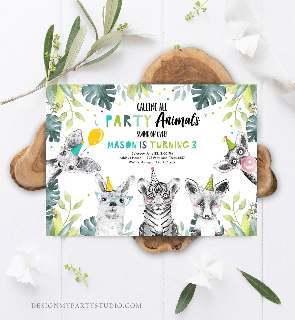 Editable Party Animals Birthday Invitation Exotic Wild Animals Invitation Zoo Safari Animals Boy Download Printable Template Corjl 0322