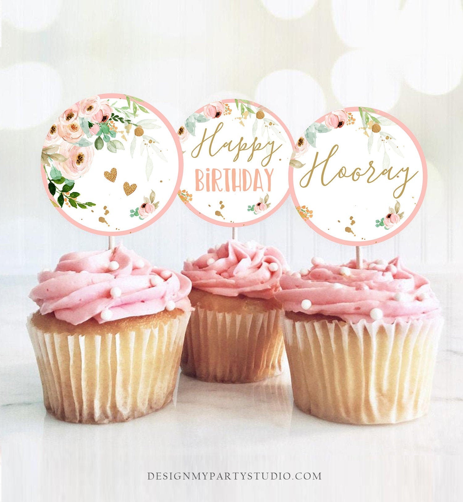 Little Miss Onederful Birthday Cupcake Toppers Favor Tags Girl Happy Birthday Party Decor Floral Pink Gold download Digital PRINTABLE 0147