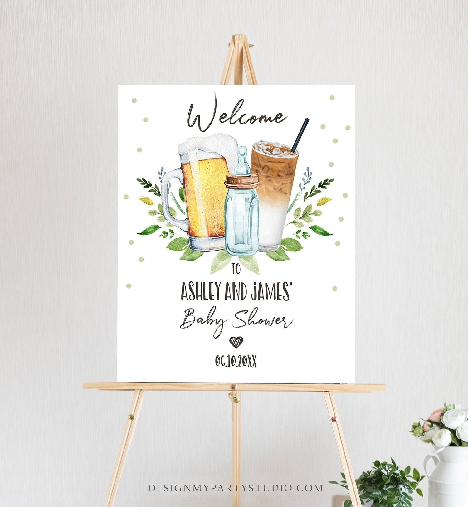 Editable A Baby is Brewing Welcome Sign Brewing Baby Shower Bottle and Beers Coed Couples Shower Coffee Gender Neutral Corjl Template 0190