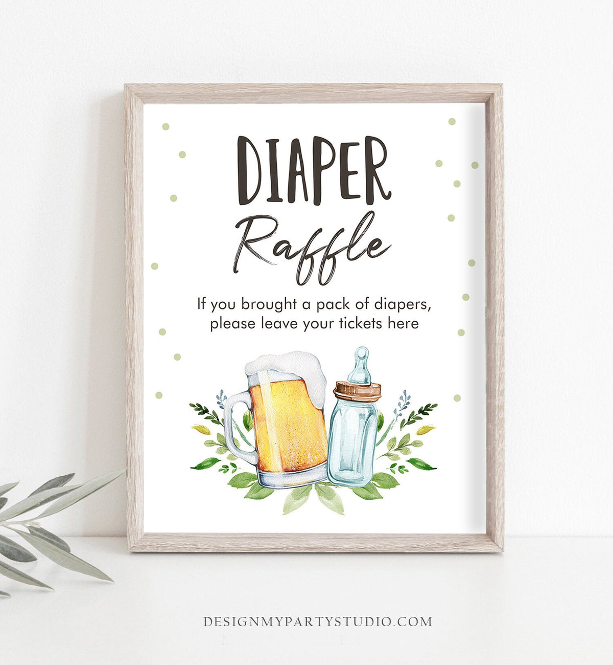 Diaper Raffle Sign Baby is Brewing Bottles and Beers Baby Shower Greenery Diaper Ticket Decor Gender Neutral Greenery Digital Printable 0190