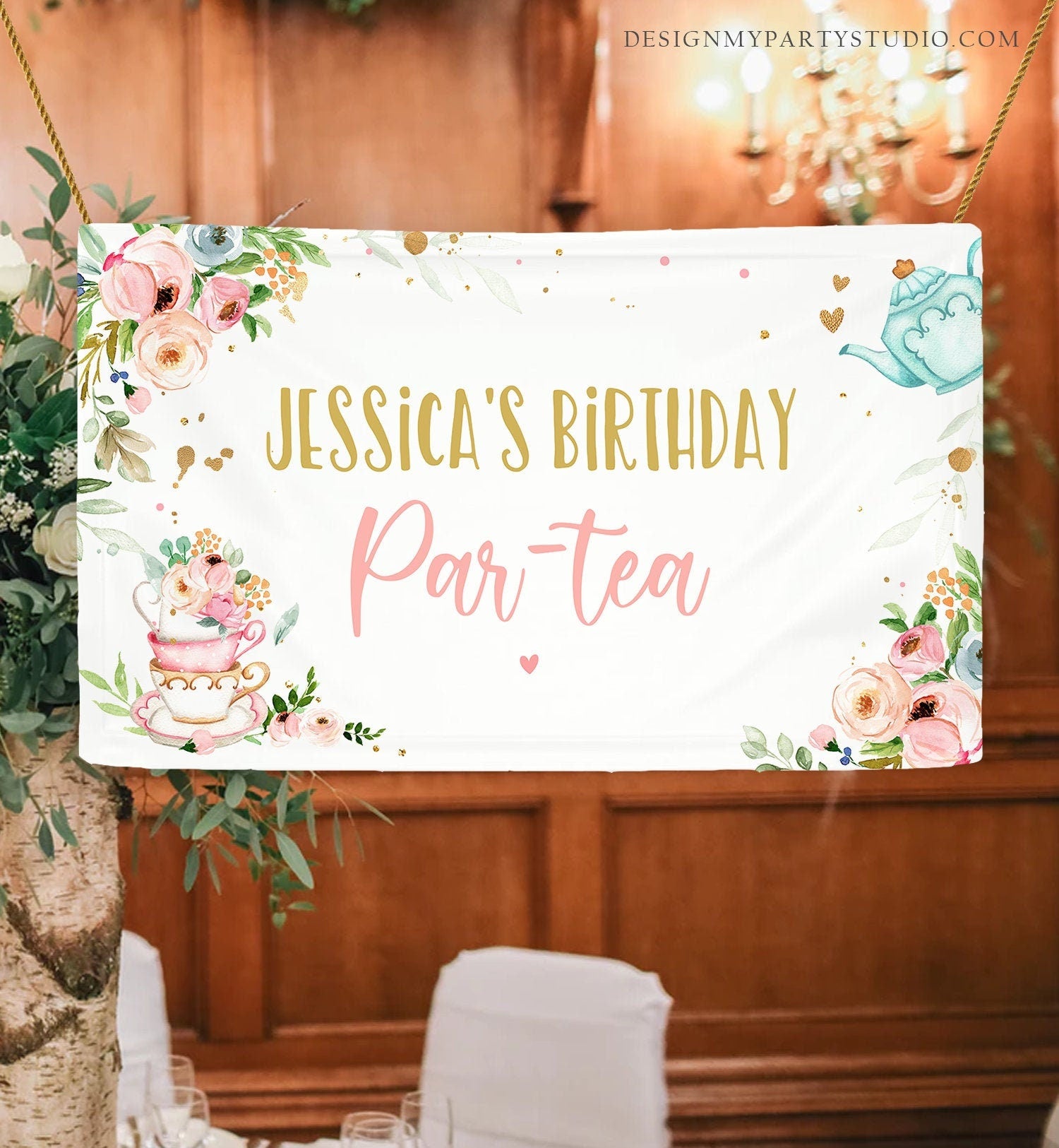 Editable Tea Birthday Backdrop Tea for Two Birthday Girl Pink Gold Floral Tea Party Par-tea Whimsical Tea Corjl Template Printable 0349