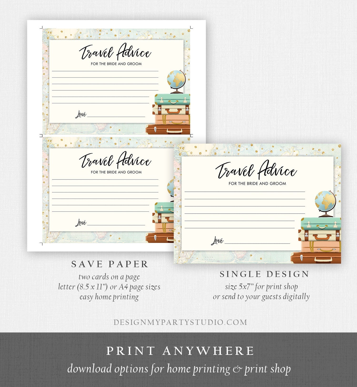 Editable Advice for the Bride-to-Be Card Bridal Shower Travel Words of Wisdom Advice for Bride Game Adventure Suitcases Corjl Template 0263