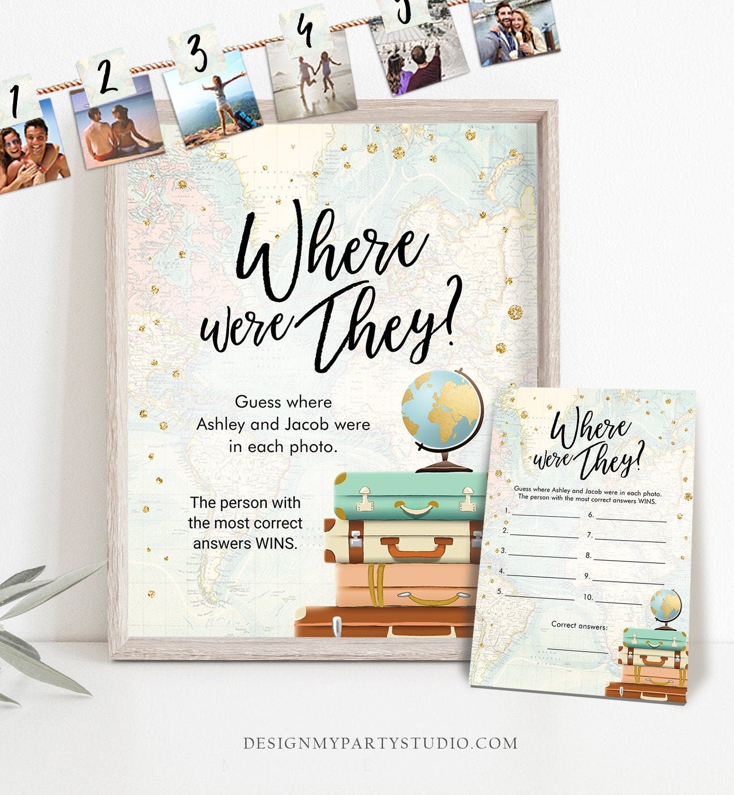 Editable Where Were They? Bridal Shower Game Wedding Shower Activity Eucalyptus Travel Adventure Bride Groom Template PRINTABLE Corjl 0263