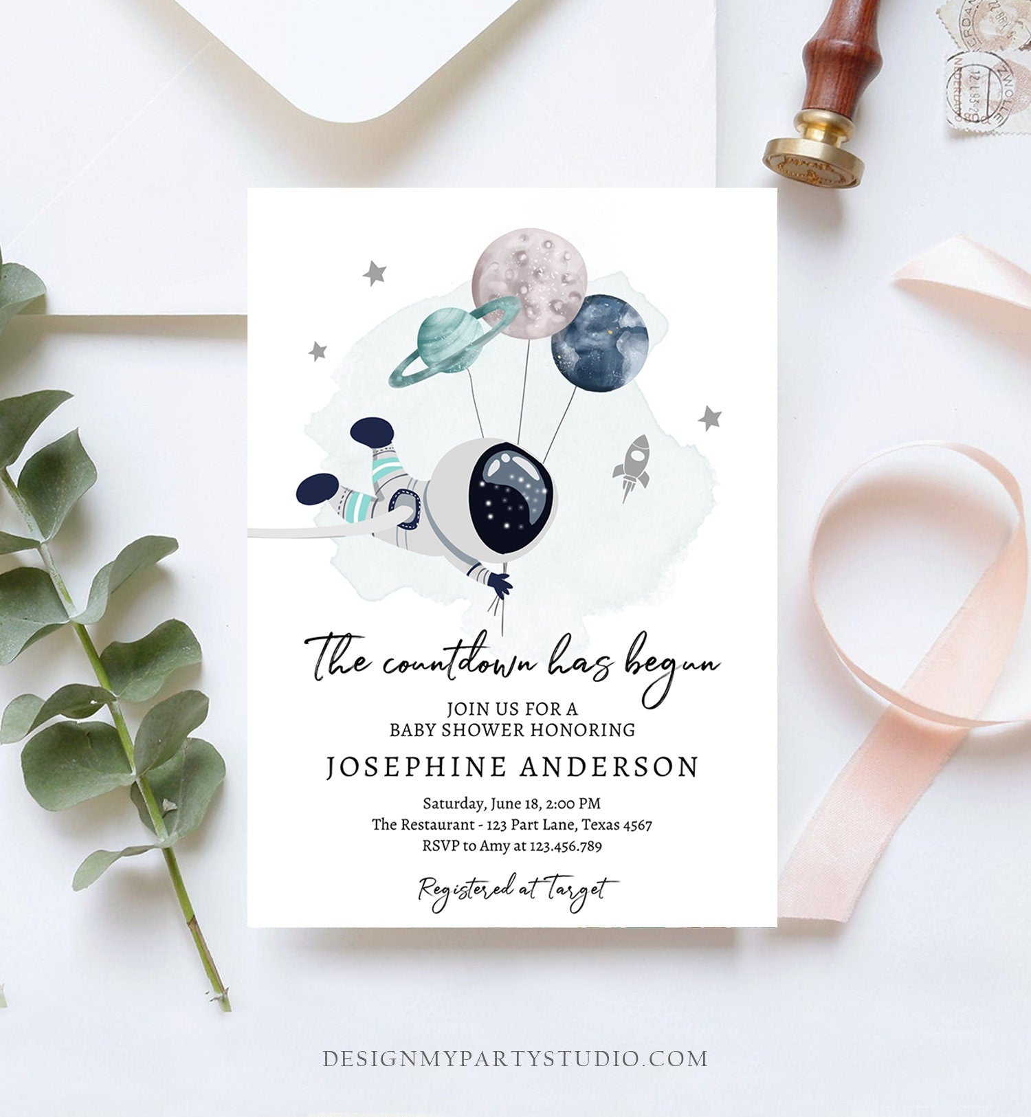 Editable Space Baby Shower Invitation Galaxy Outer Space It's a Boy Blue Planets Moon Countdown Download Evite Template Printable 0366