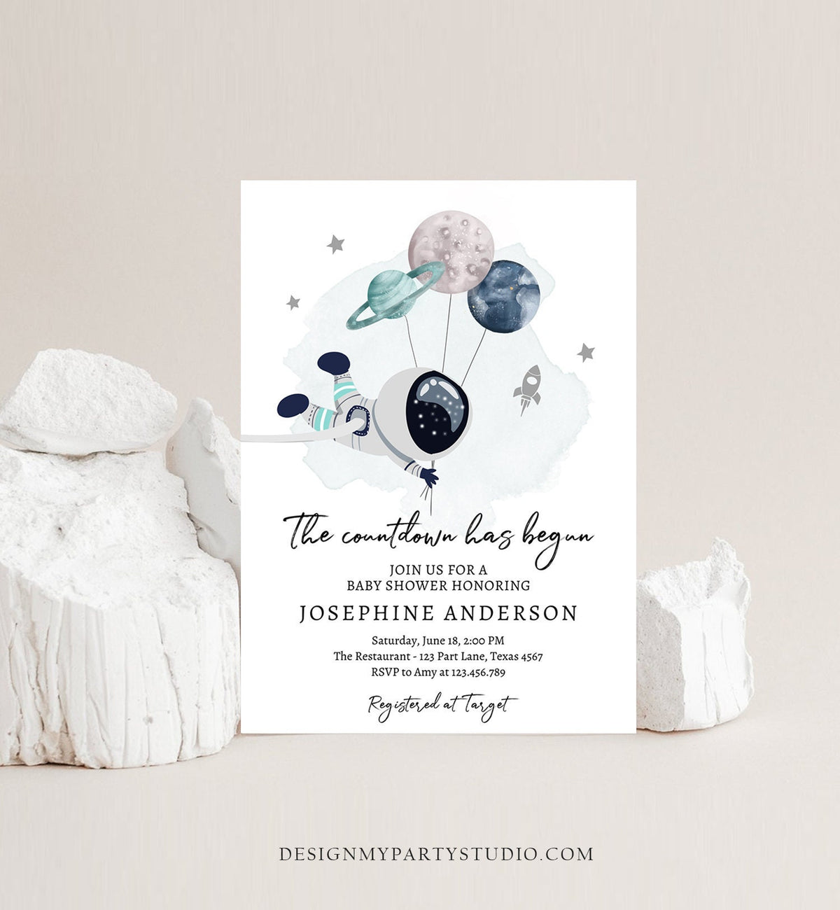 Editable Space Baby Shower Invitation Galaxy Outer Space It&#39;s a Boy Blue Planets Moon Countdown Download Evite Template Printable 0366