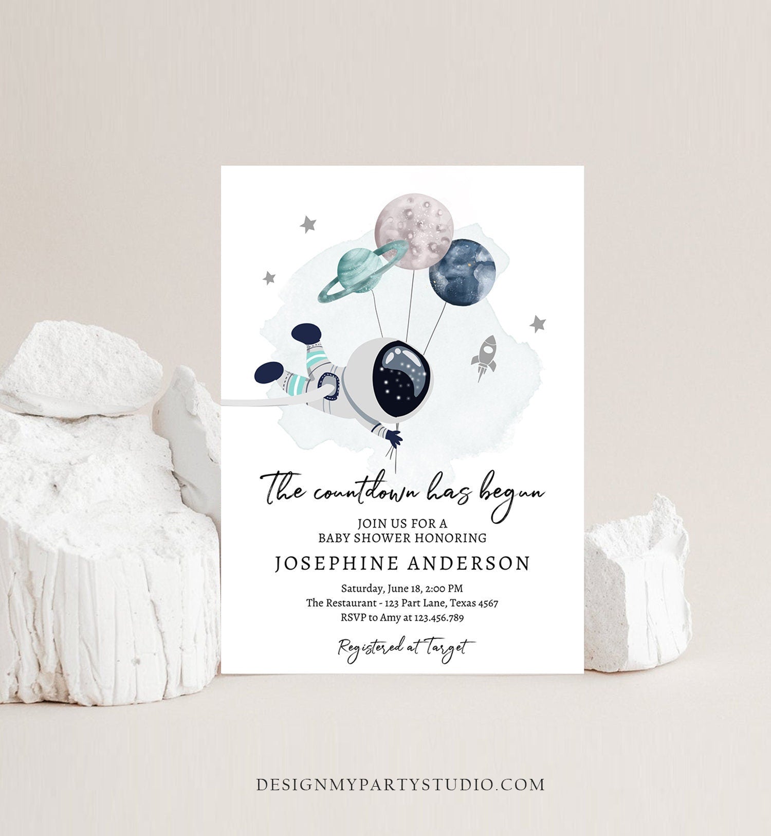 Editable Space Baby Shower Invitation Galaxy Outer Space It's a Boy Blue Planets Moon Countdown Download Evite Template Printable 0366