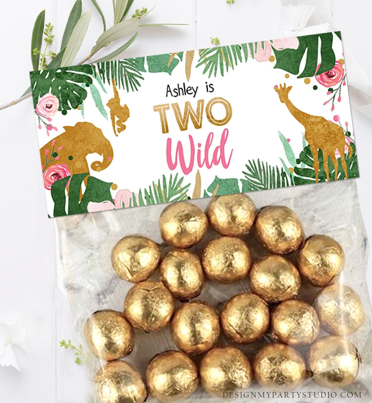 Editable Two Wild Treat Bag Toppers Safari Animals Girl Second Birthday 2nd Party Animals Gold Zoo Digital Download Template Printable 0016