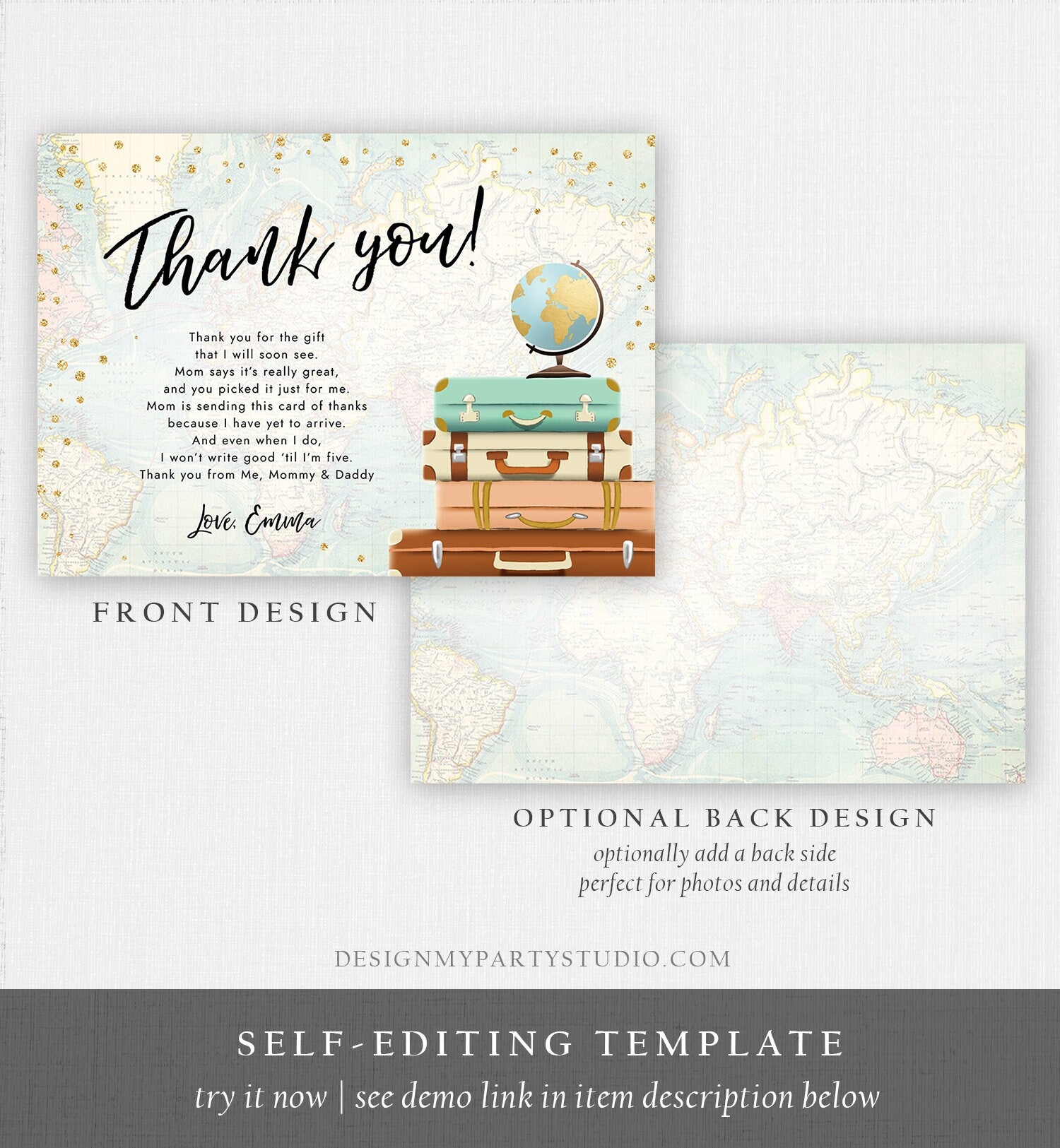 Editable Travel Thank You Card Bridal Shower Thank You Note Adventure Birthday Baby Shower Suitcases Vintage World Map Corjl Template 0263