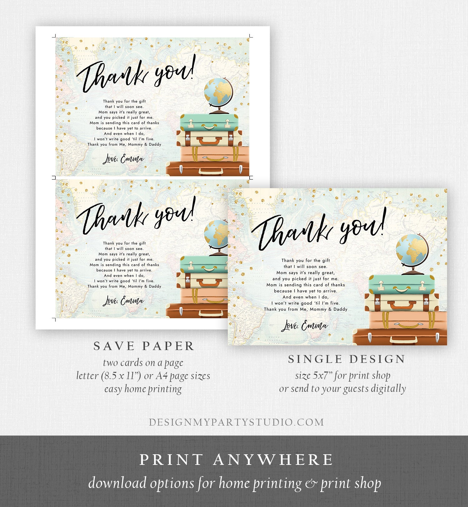 Editable Travel Thank You Card Bridal Shower Thank You Note Adventure Birthday Baby Shower Suitcases Vintage World Map Corjl Template 0263