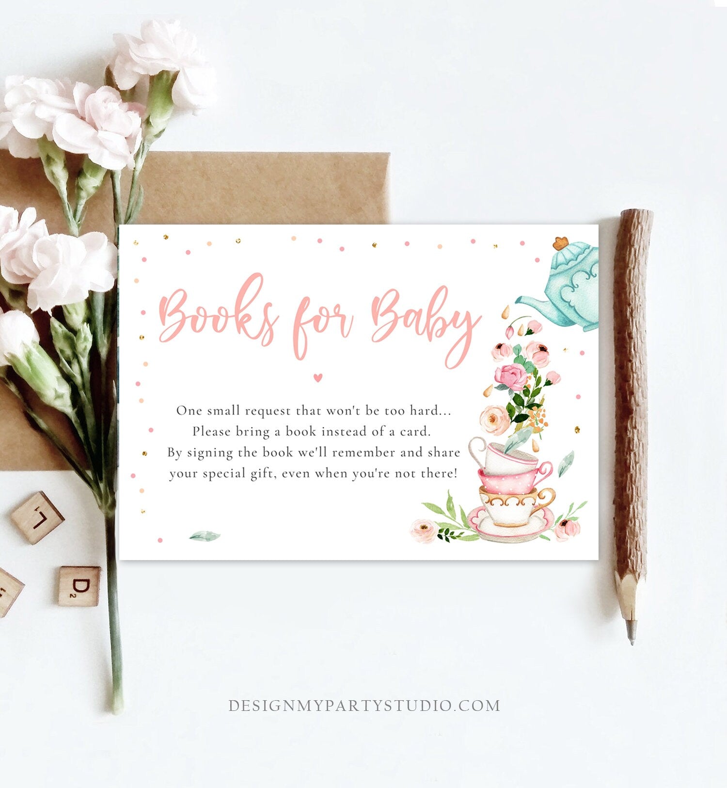 Editable Bring a Book Card Baby is Brewing Baby Shower Tea Party Book Insert Books for Baby Book Request Download Template Printable 0349