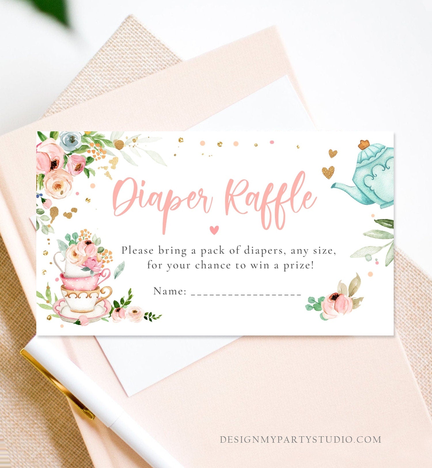 Editable Diaper Raffle Ticket Diaper Game Card Baby is Brewing Baby shower Tea Floral Brunch Pink Download Template Corjl PRINTABLE 0349