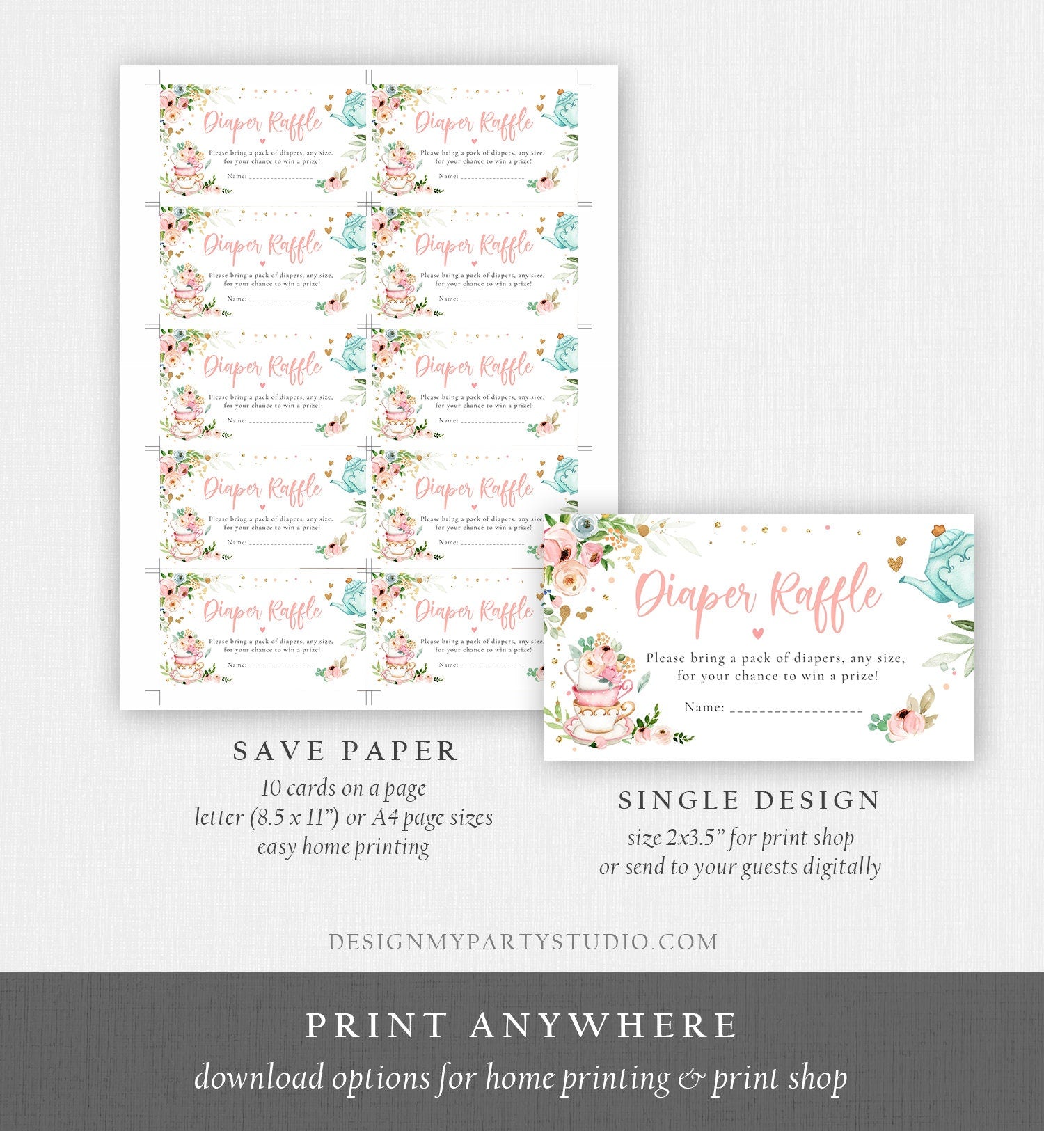 Editable Diaper Raffle Ticket Diaper Game Card Baby is Brewing Baby shower Tea Floral Brunch Pink Download Template Corjl PRINTABLE 0349