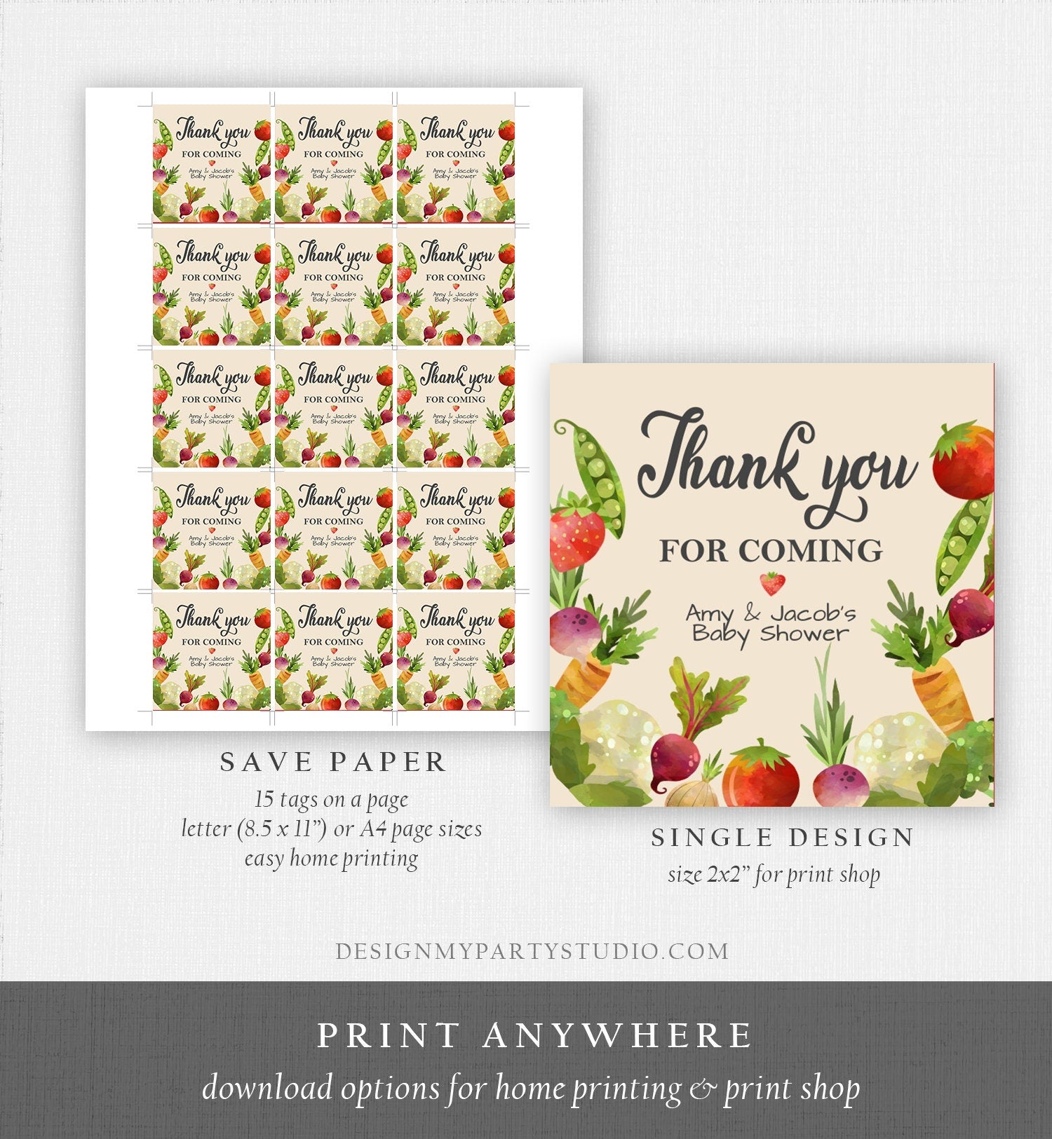 Editable Locally Grown Thank You Tag Birthday Farmers Market Favor Tag Baby Shower Vegetable Veggies Gender Neutral Corjl Template 0144