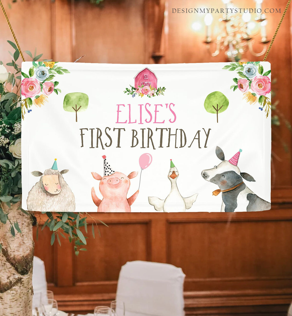 Editable Farm Backdrop Banner Pink Farm Birthday Girl Farm Animals Barnyard Birthday Decorations Cow Download Corjl Template Printable 0155