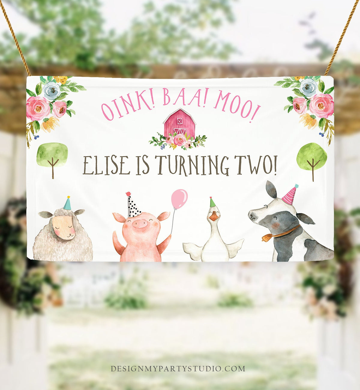 Editable Farm Backdrop Banner Pink Farm Birthday Girl Farm Animals Barnyard 2nd Birthday Decorations Download Corjl Template Printable 0155