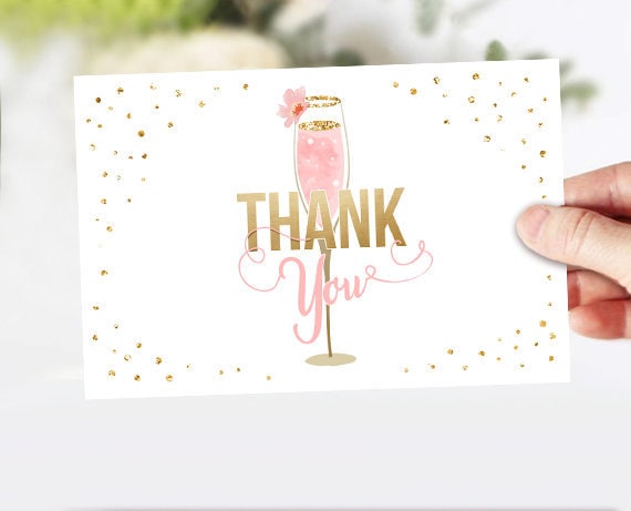 Brunch and Bubbly Thank you Card Champagne Thank You Note Floral Pink Gold Couples Shower Bubbly Bridal Shower 4x6" Instant Download 0150