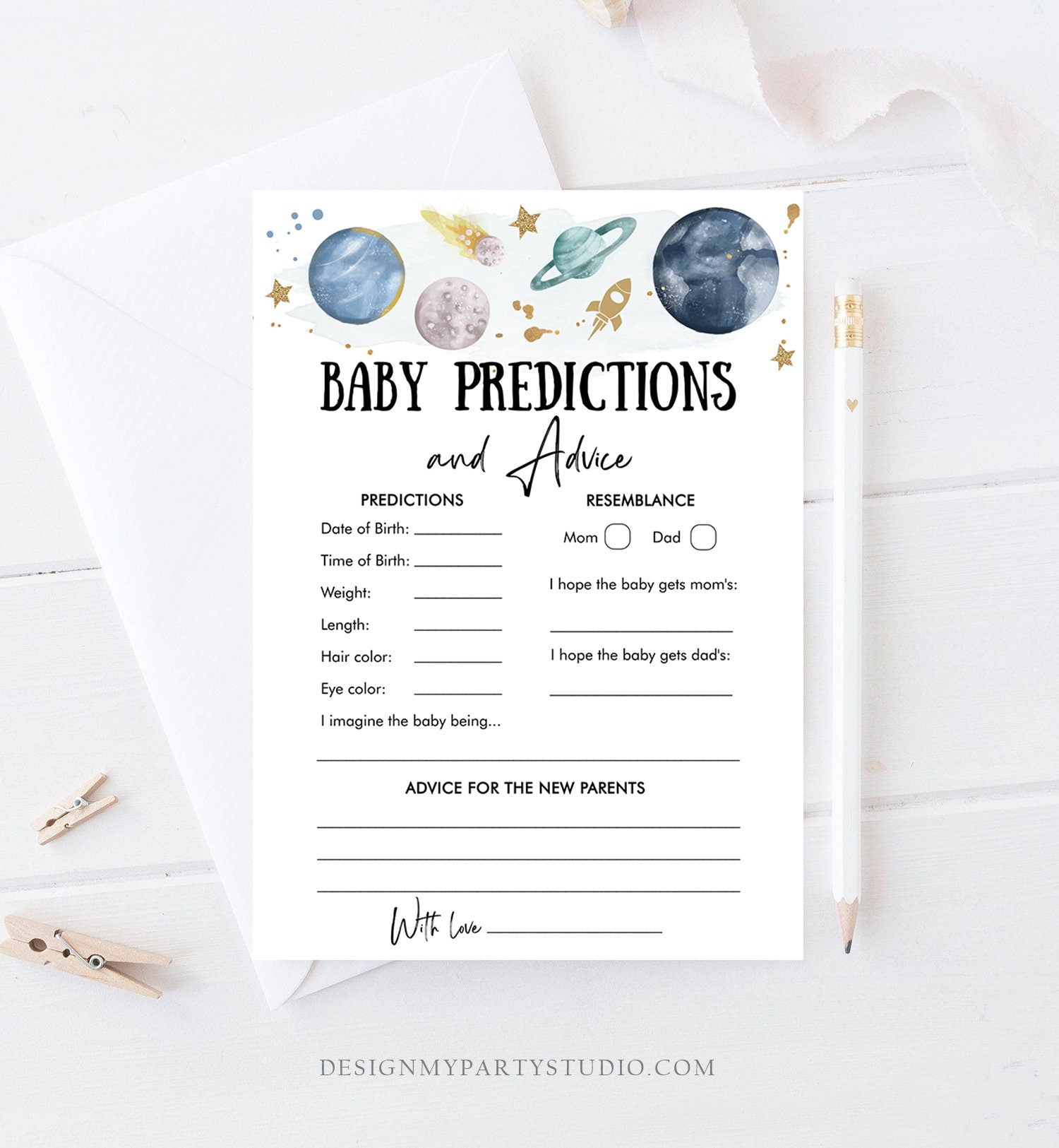 Editable Baby Predictions Baby Shower Game Advice Outer Space Planets Houston We Have a Boy Rocket Activity Corjl Template Printable 0357