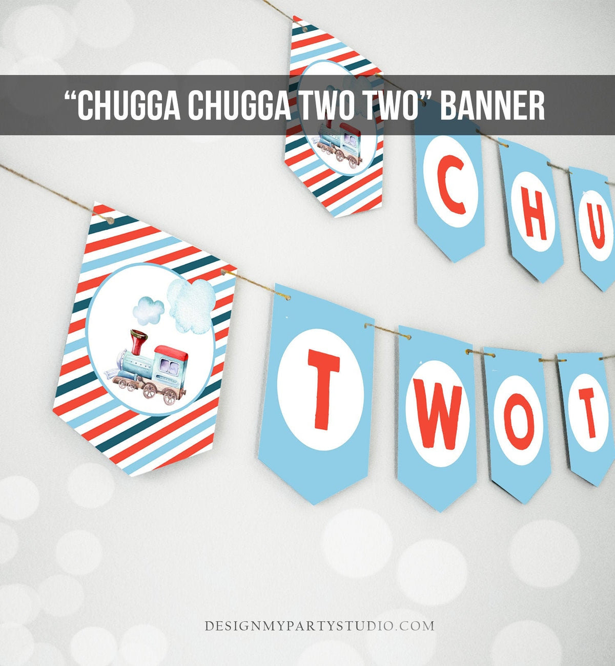 Train Birthday Banner Chugga Chugga Two Two Party Banner Birthday Boy Blue Red Train Decorations Instant download PRINTABLE DIGITAL DIY 0149