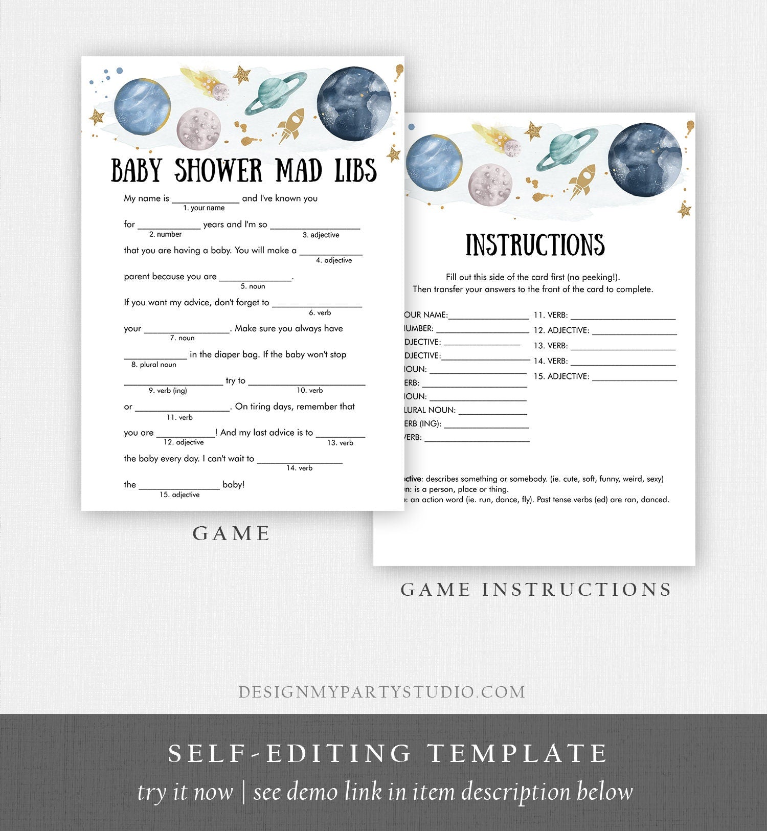 Editable Mad Libs Baby Shower Game Advice for Mom Outer Space Planets Houston We Have Boy Rocket Gold Activity Corjl Template Printable 0357