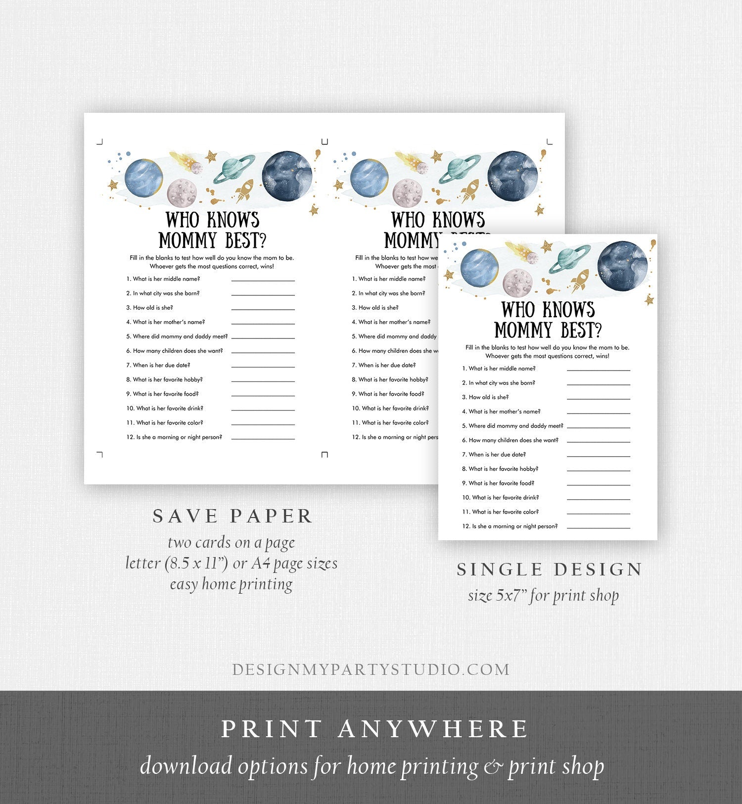 Editable Who Knows Mommy Best Baby Shower Game Outer Space Planets Houston We Have a Boy Rocket Activity Digital Template Printable 0357