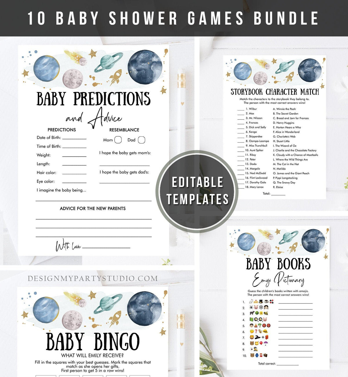 Editable Space Planets Baby Shower Games Bundle Outer Space Houston We Have a Boy Rocket Couples Activity Printable Corjl Template 0357