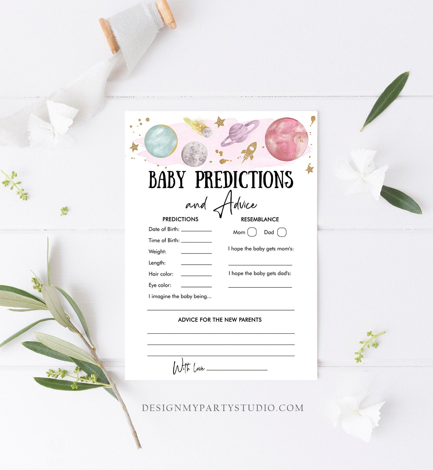 Editable Baby Predictions Baby Shower Game Advice Outer Space Planets Houston We Have a Girl Rocket Activity Digital Template Printable 0357