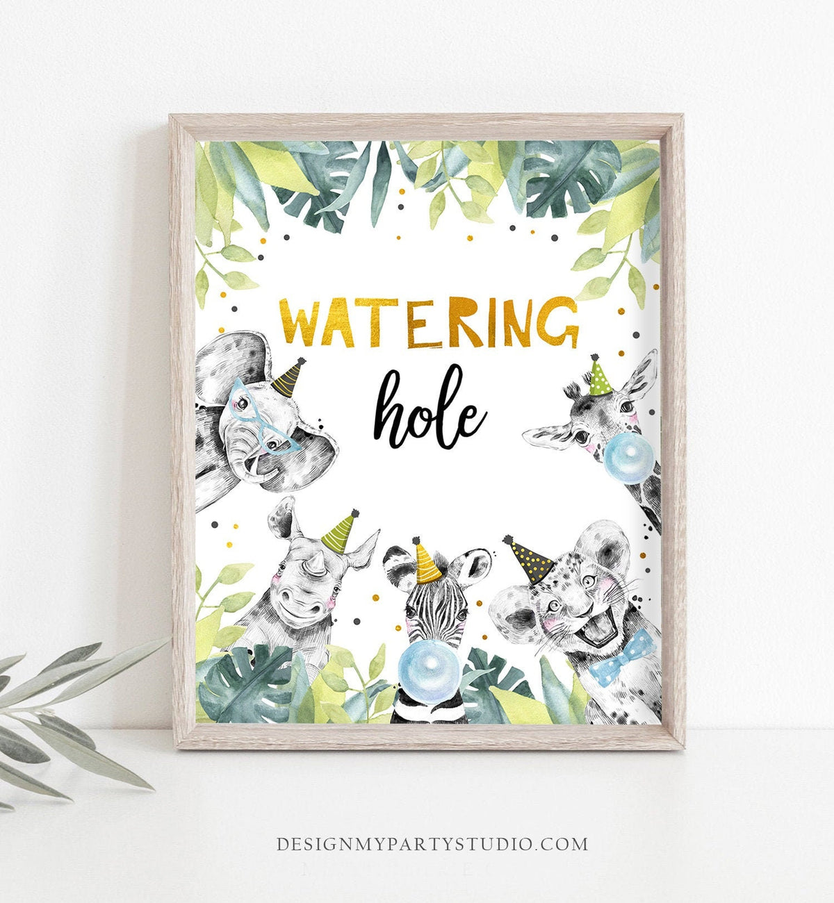 Watering Hole Birthday Sign Drink Table Decor Boy Birthday Wild One Safari Animals Party Animals Table Gold Zoo Party Jungle Printable 0322