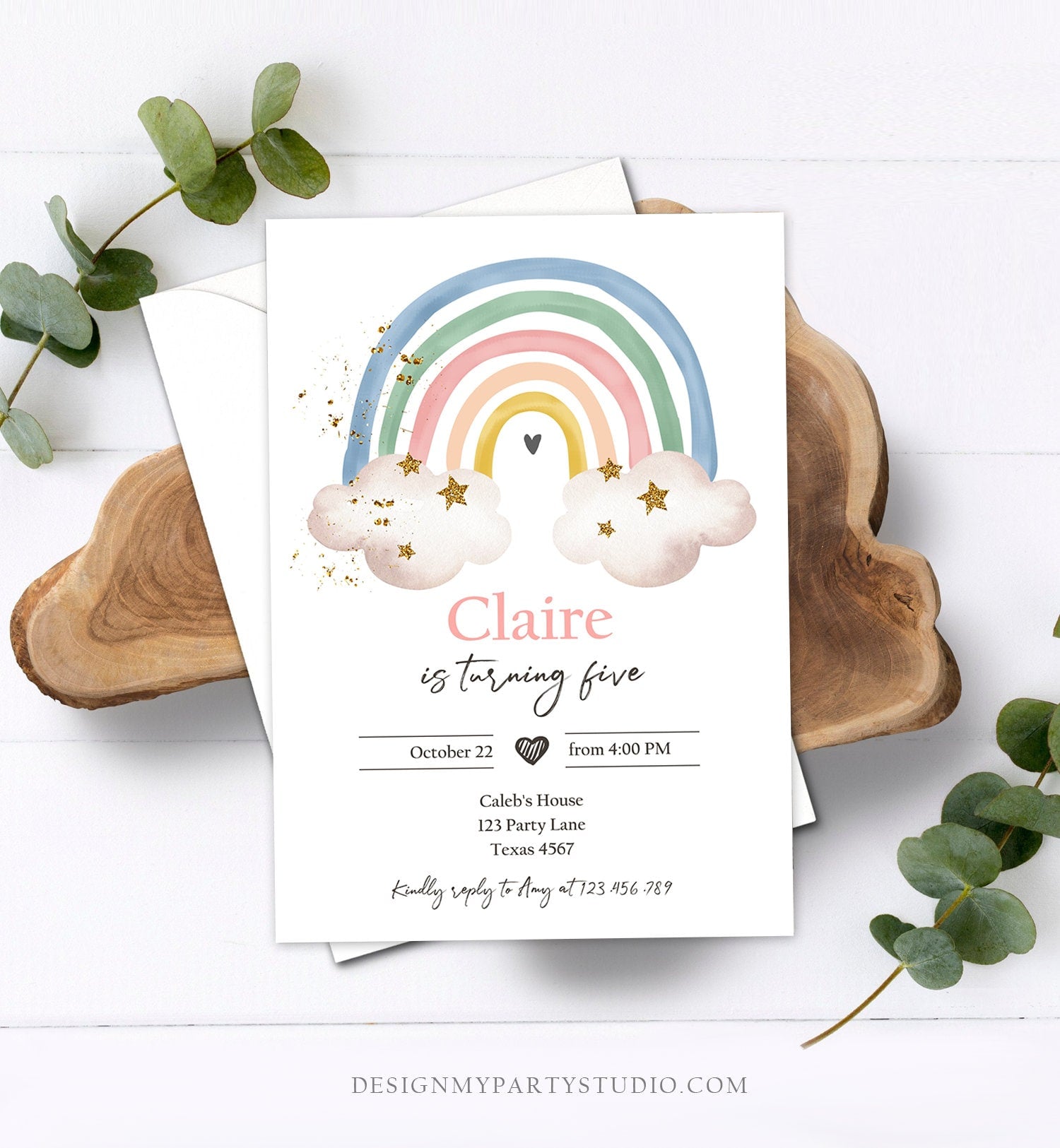 Editable Rainbow Birthday Invitation Pastel Rainbow Invite Girl Over The Rainbow Party Modern Boho Printable Download Digital Template 0387