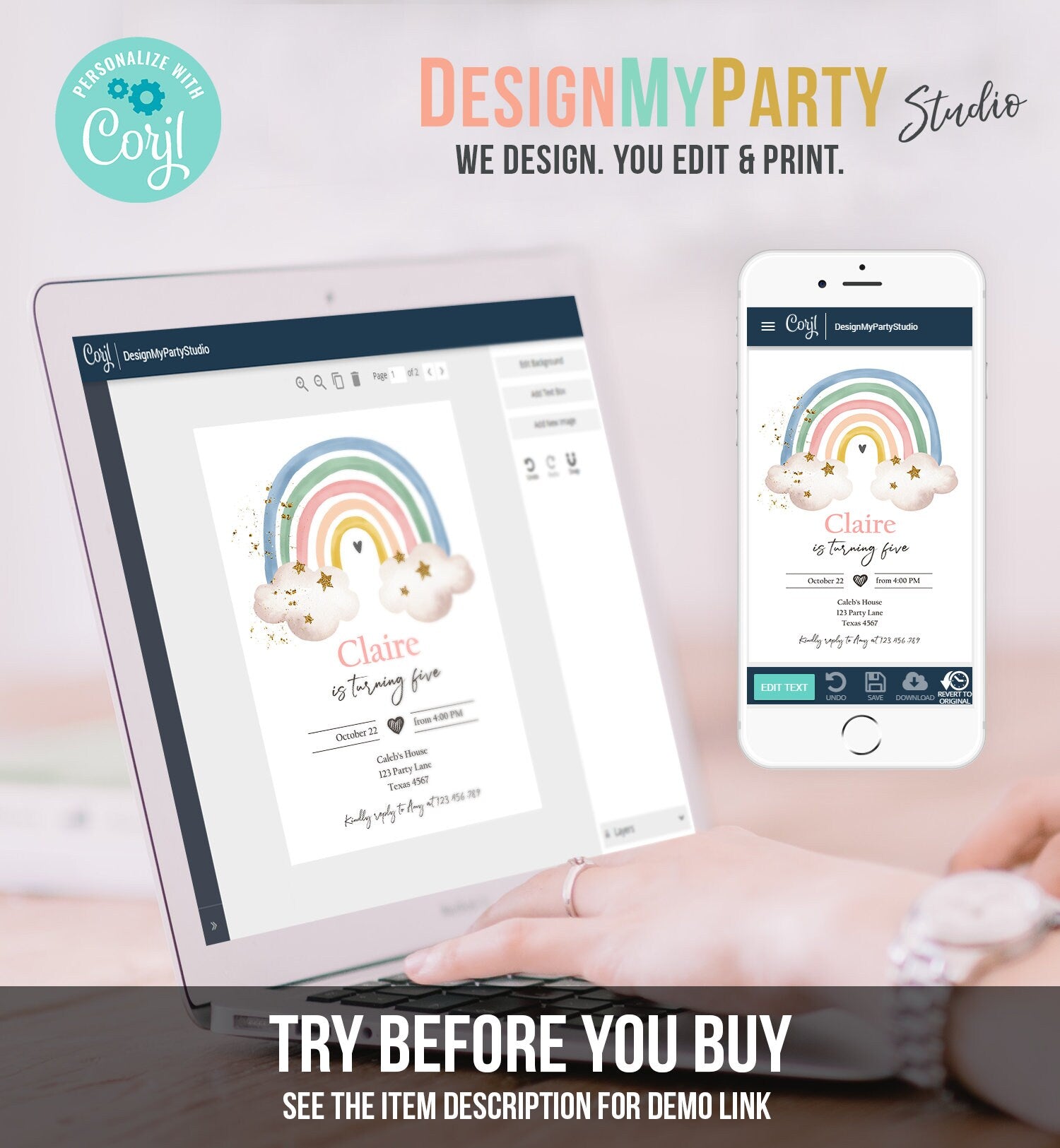 Editable Rainbow Birthday Invitation Pastel Rainbow Invite Girl Over The Rainbow Party Modern Boho Printable Download Digital Template 0387