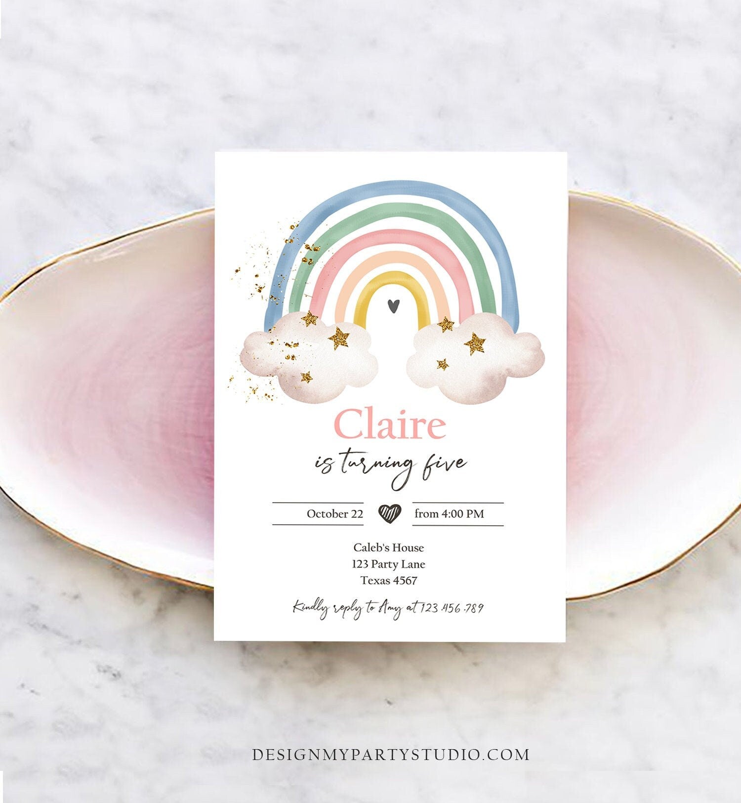 Editable Rainbow Birthday Invitation Pastel Rainbow Invite Girl Over The Rainbow Party Modern Boho Printable Download Digital Template 0387