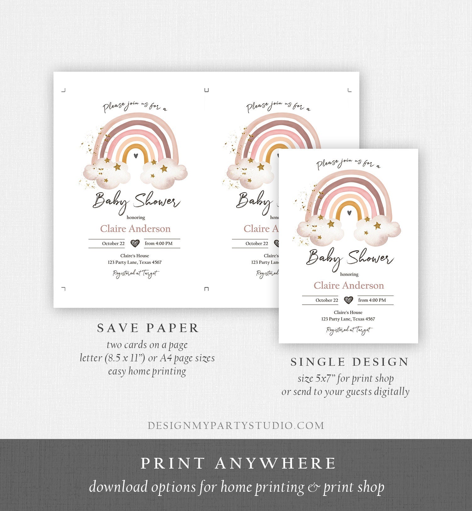 Editable Rainbow Baby Shower Invitation Rainbow Invitation Gender Neutral Pastel Boho Bohemian Digital Download Template Printable 0387