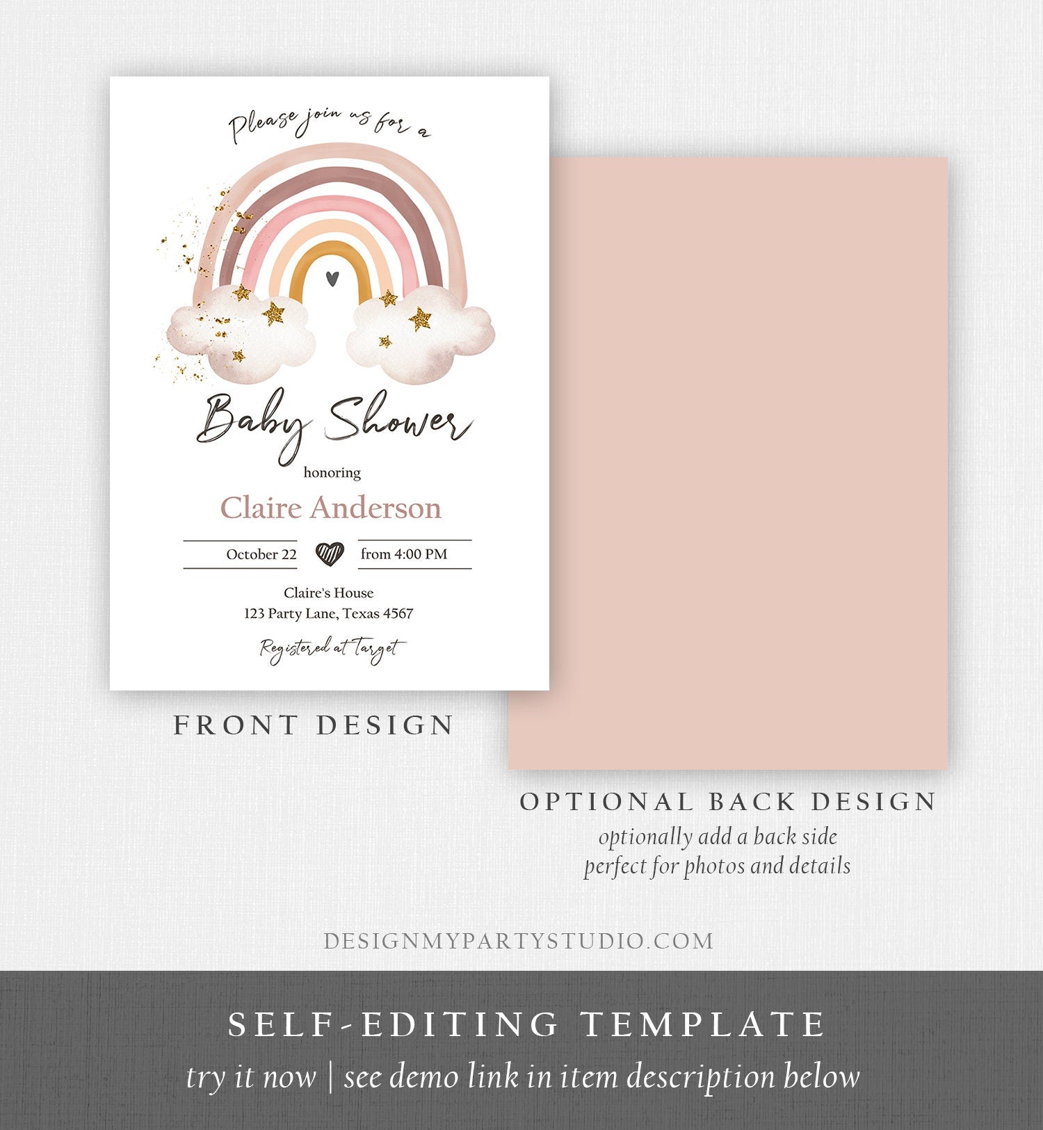 Editable Rainbow Baby Shower Invitation Rainbow Invitation Gender Neutral Pastel Boho Bohemian Digital Download Template Printable 0387