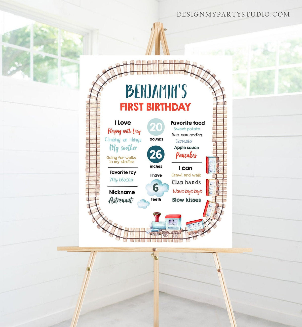 Editable Train Birthday Milestones Sign Vintage Train Party Boy 1st Birthday Railroad Transportation Red Blue Template Printable Corjl 0149