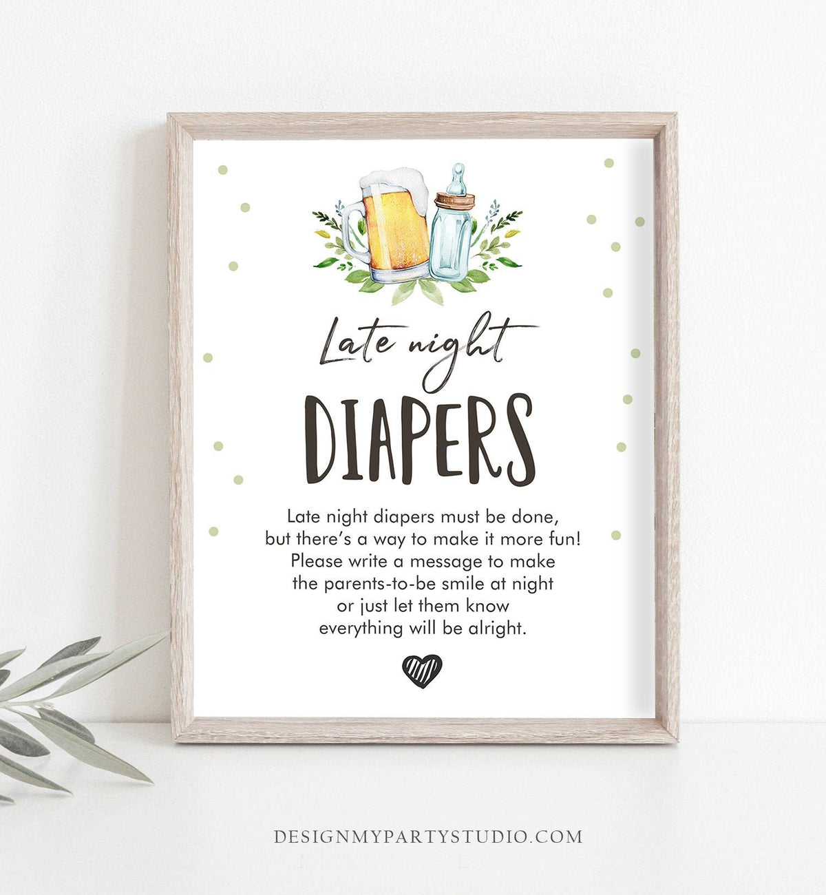 Late Night Diapers Sign Baby is Brewing Baby Shower Sign Bottles and Beers Greenery Baby Shower Game Diaper Thoughts Printable 0190