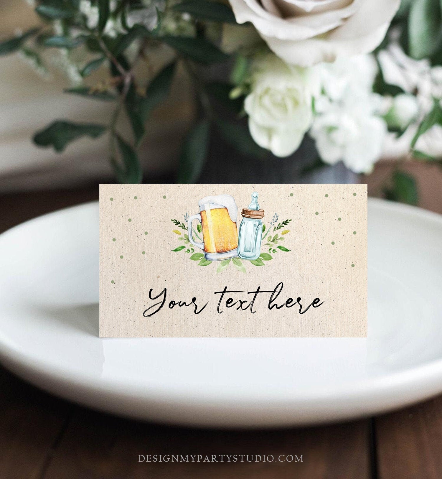 Editable Baby is Brewing Food Labels Tent Place Card Escort Card Gender Neutral Greenery Brewing Baby Shower Digital Template Printable 0190